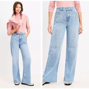 LOFT Sparkle High Rise Wide Leg Jeans Light Wash Indigo Sz 32 NWT {3O25}
